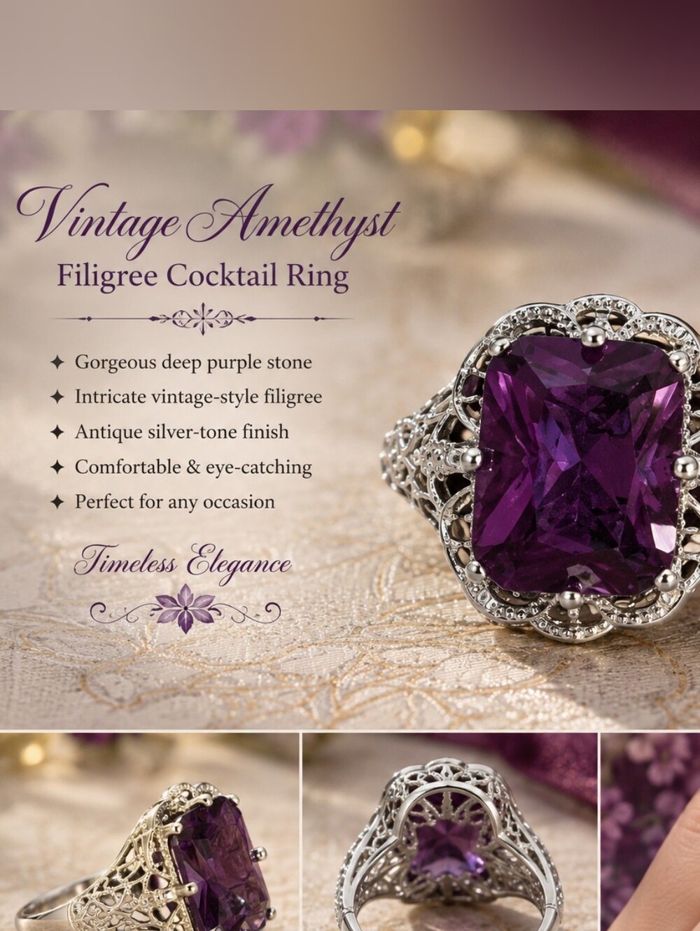 Vintage Amethyst Filigree Cocktail Ring – Deep Purple Silver-Tone